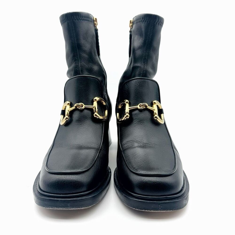 GUCCI Baby Bit Black Leather Boot Size 37 Mid Heel Bootie Square Toe Horsebit - Picture 5 of 12